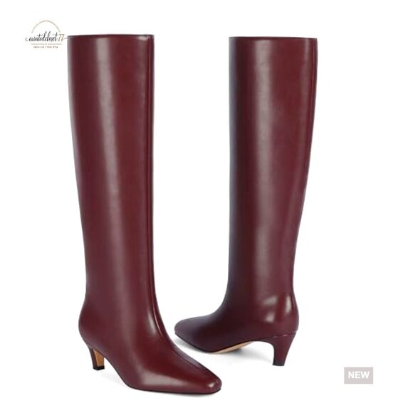 Kitten Heel Knee High Boots Square Toe PU Leather Womens Fashion - Picture 4 of 7